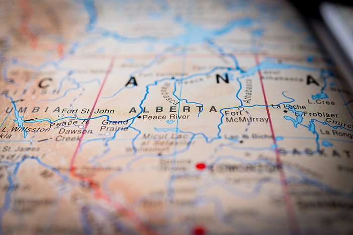 Closeup of map centred on Alberta