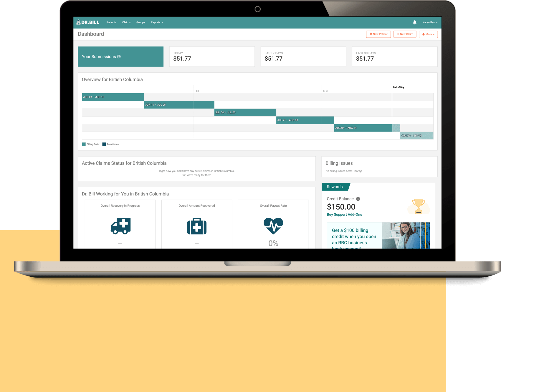 A summary of medical billing claims in the Dr. Bill app.