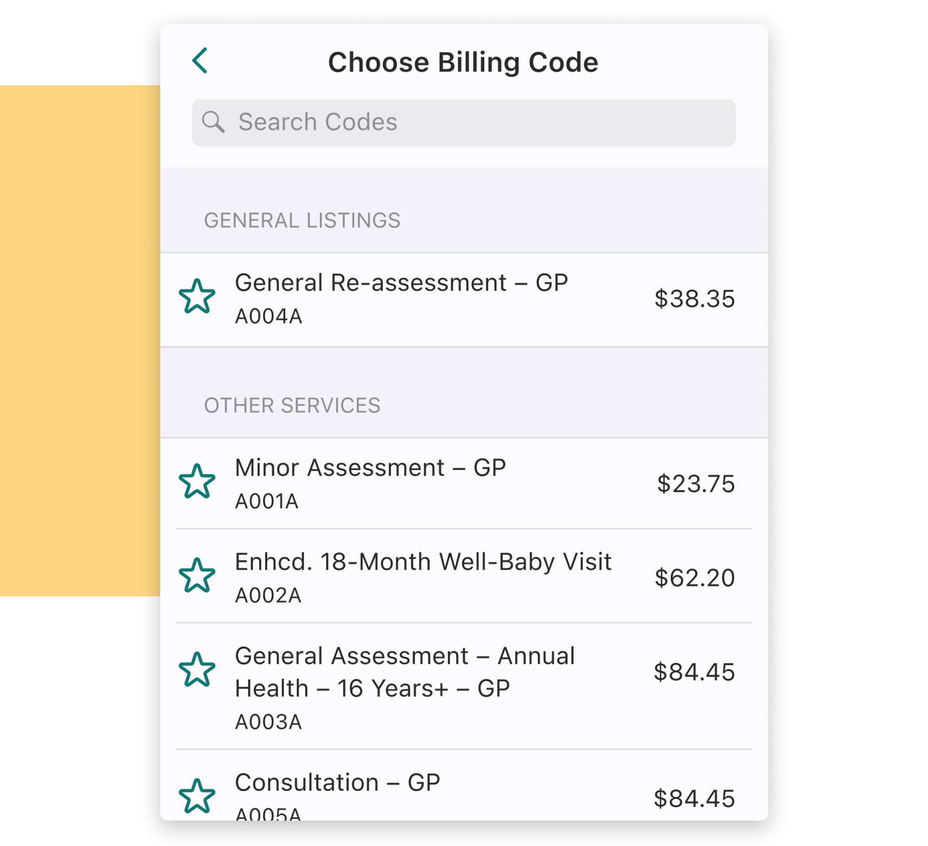 Choosing a billing code in the Dr. Bill mobile app.