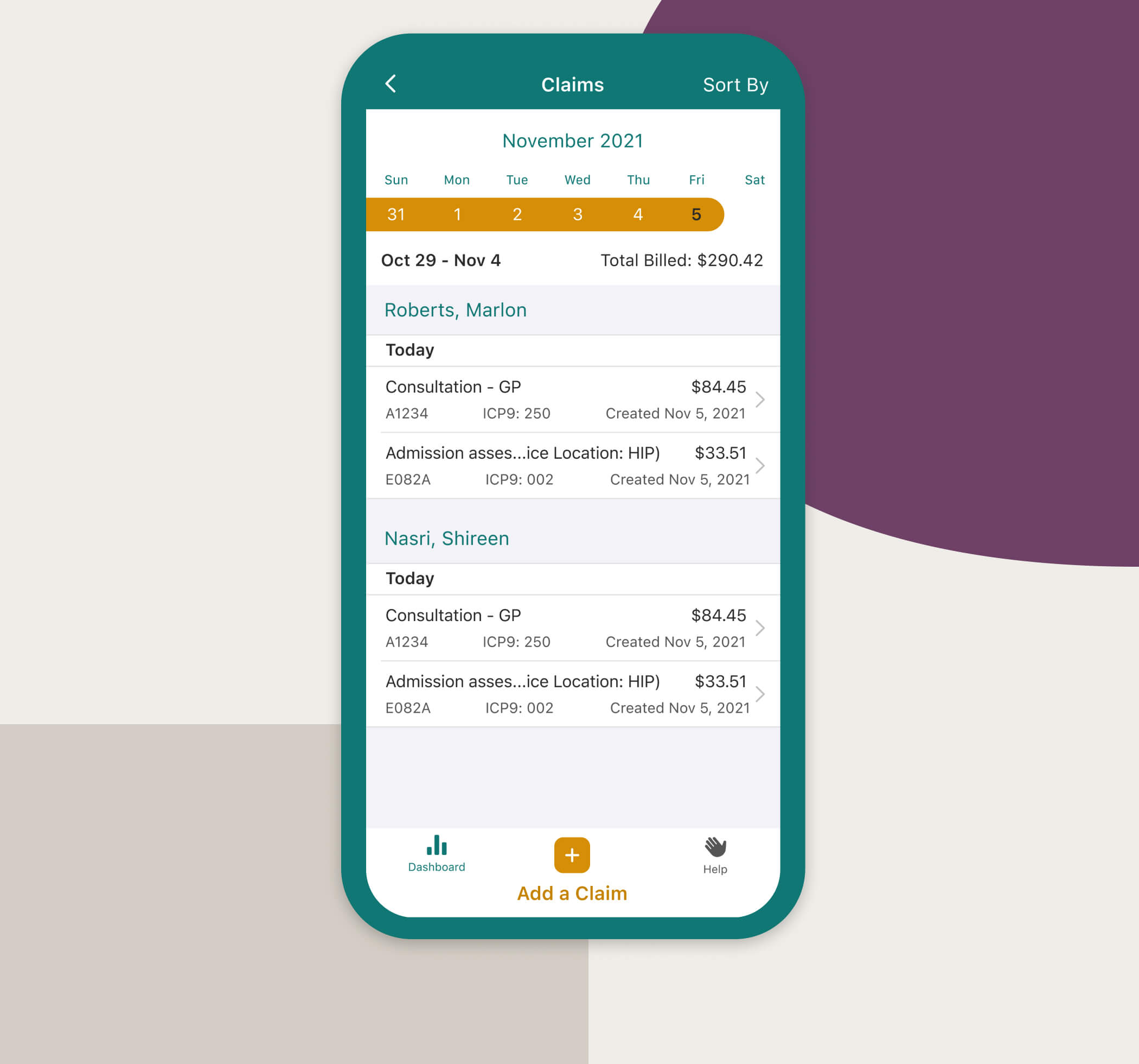 A summary of medical billing claims in the Dr. Bill app.