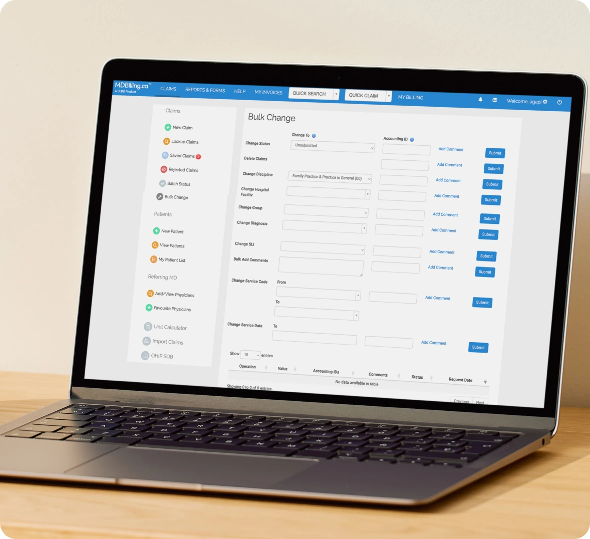 Bulk claims dashboard on laptop