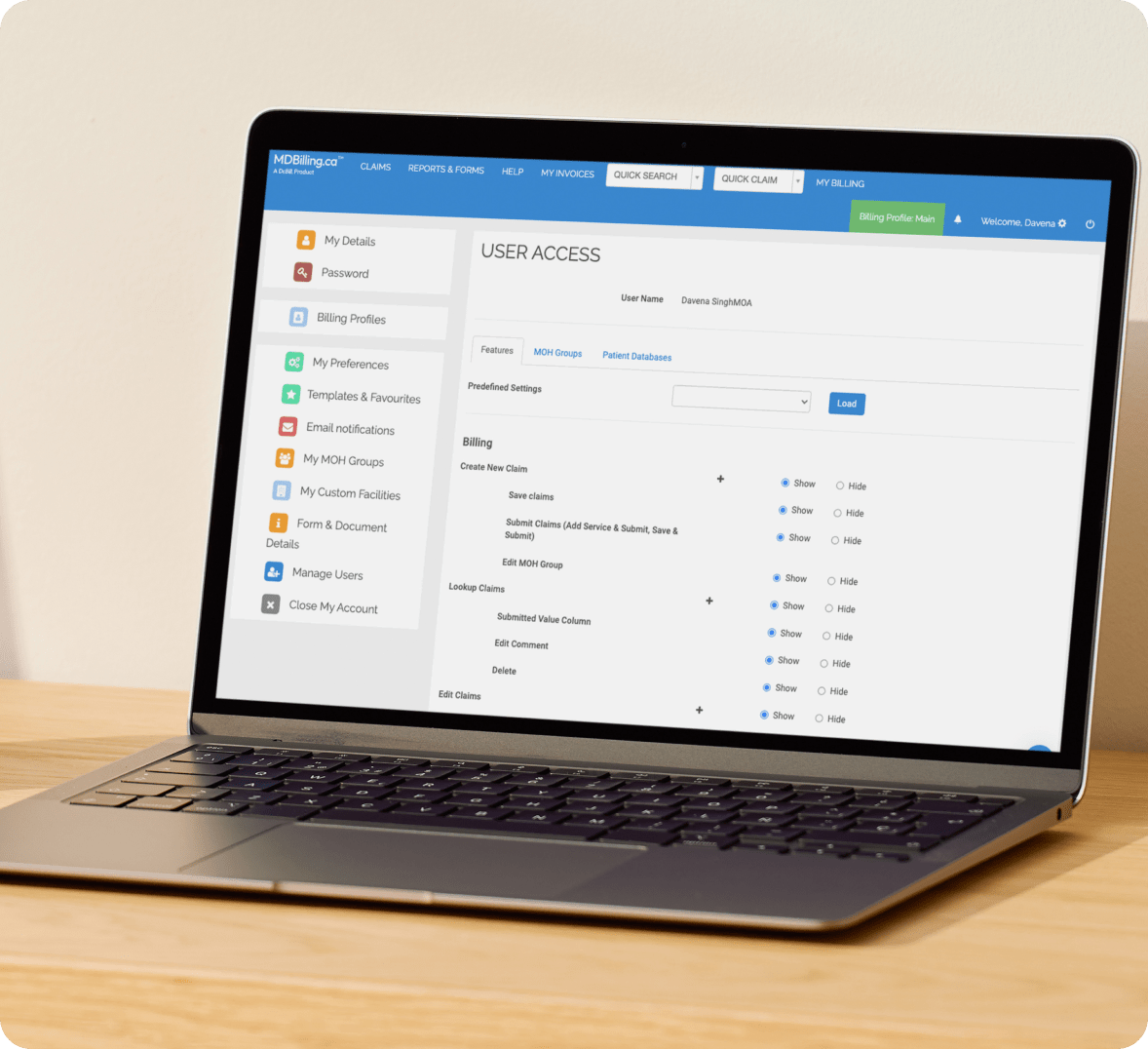 User access setup page on laptop
