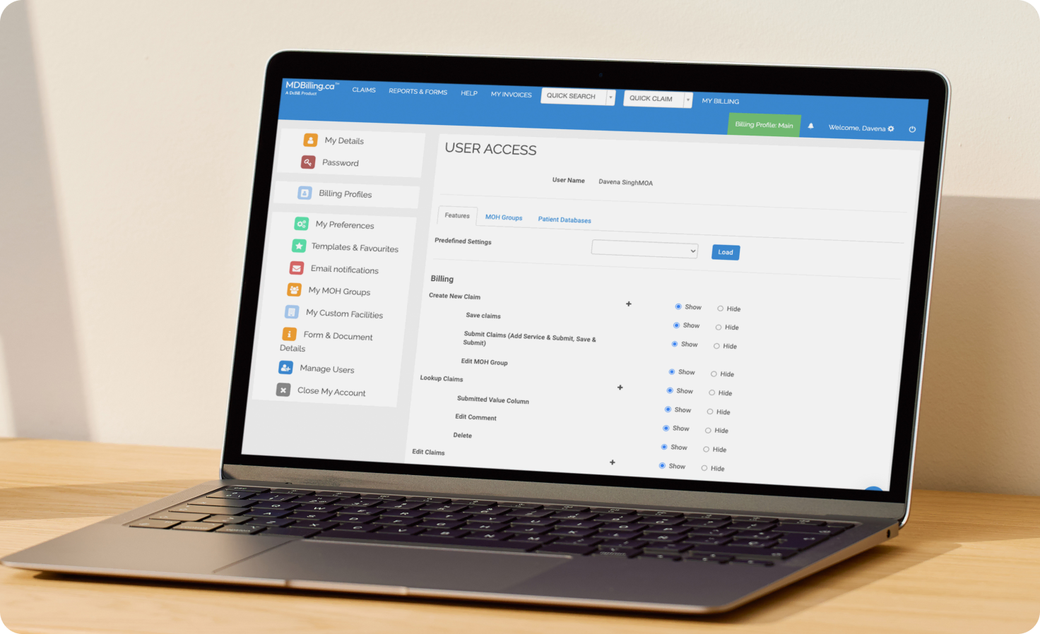 User access setup page on laptop